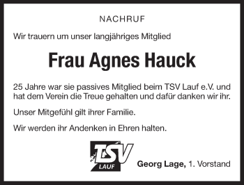 Traueranzeige von Agnes Hauck von Pegnitz-Zeitung